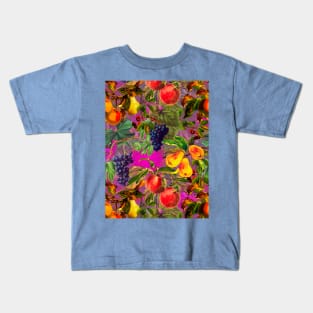 Exotic Vintage fruit pattern, vines, vintage florals, botanical pattern, pink fuchsia floral illustration Kids T-Shirt